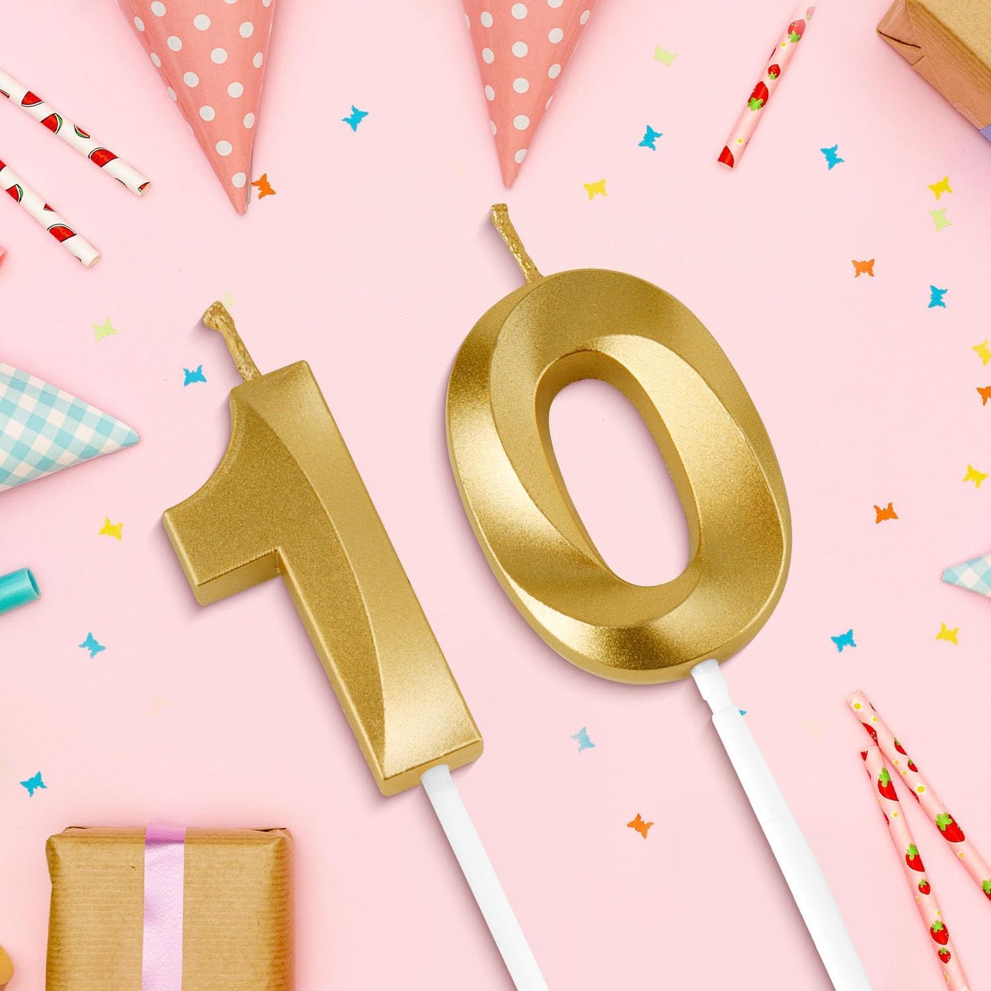 Birthday Candles, 1.96 Inch Number 10 Happy Birthday Candles, Number Candles Decoration for Birthday Party and Anniversary Celebration(Champagne Gold)