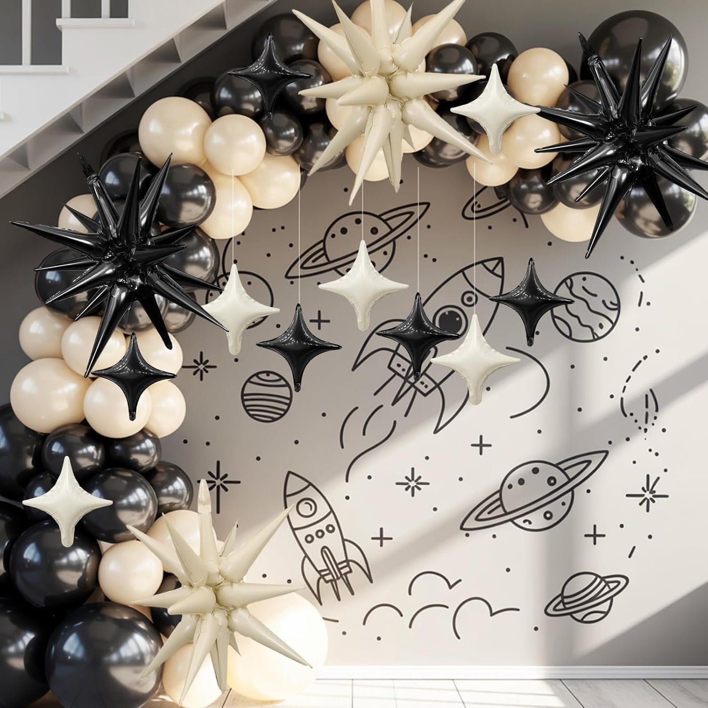 Black White Star Balloon,Sand White Black 6Pcs 22Inch Explosion Star Balloons and 10Pcs 10Inch Four Angle Balloons Kit for Birthday Anniversary Baby Shower Wedding Party Decorations