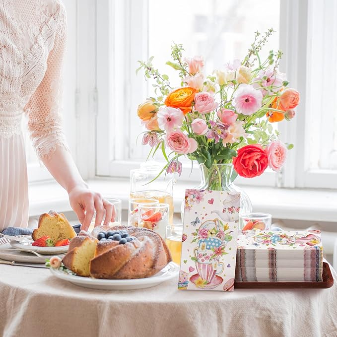 Karenhi 200 Pcs Tea Party Napkins 2 Ply Tea Cup Guest Napkins Spring Hand Paper Floral Guest Paper Towels for Bathroom Disposable Hand Towels for Bathroom Wedding Bridal