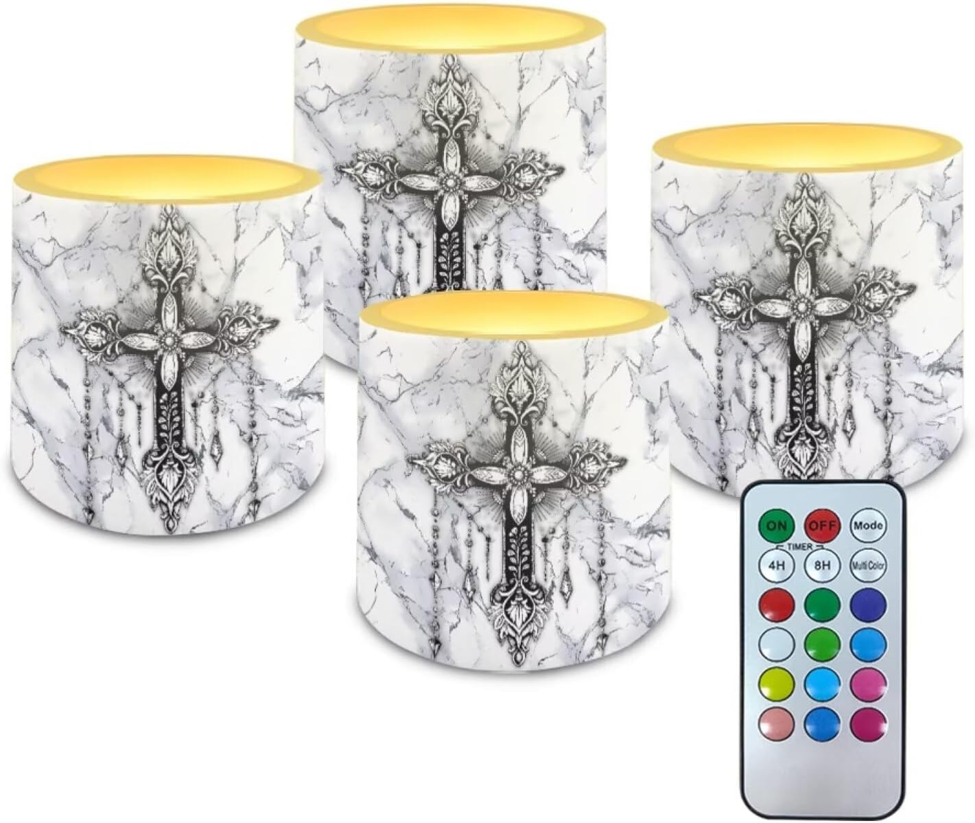 Poceacles LED Pillar Candles Set of 4 Flameless Plastic Night Lights with Remote and Timer Multi-Color Modes, Outdoor Indoor Battery Operated LED Pillar Candles, Cross Gray White Marble