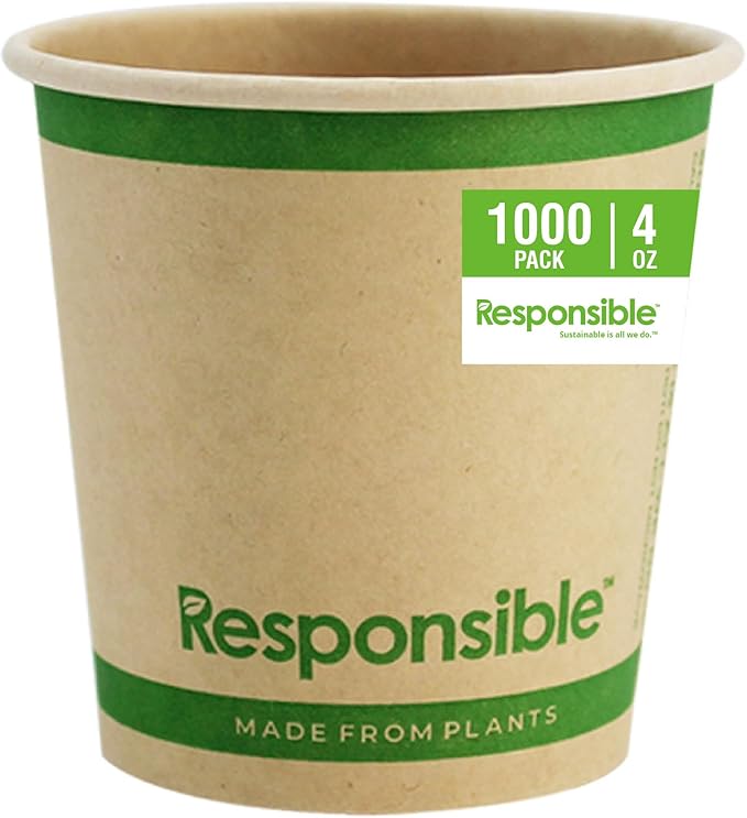 Responsible Products 4 oz Paper Hot Cups, Tree-Less™ Compostable Paper Coffee Cups, Extra Strength, Tree-Free and Made Without PFAS, Natural Brown (1000 Count)