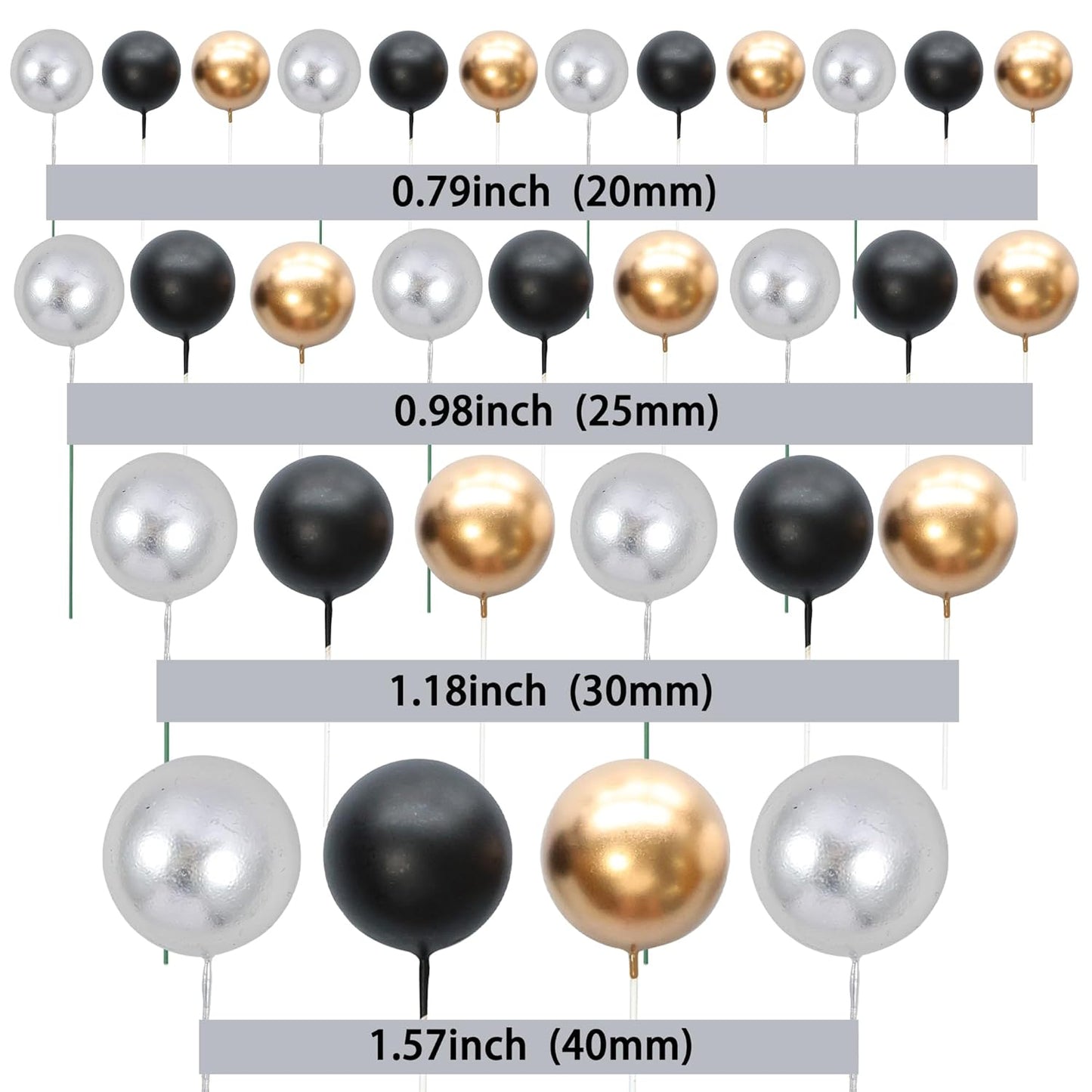 Gyufise 30Pcs Ball Cake Toppers Ball Cake Picks Ball Shaped Cupcake Insert Cake Topper for Bear Theme Birthday Party Favors Wedding Decoration Supplies Black Gold Silver