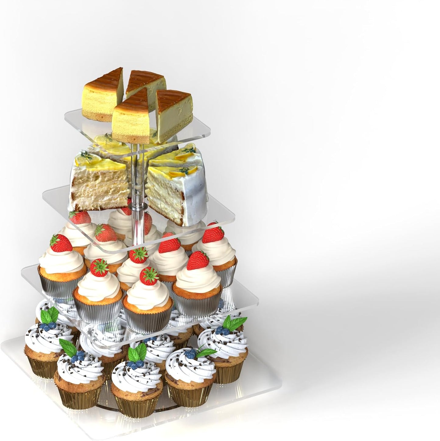 4-Tier Rotating Cupcake Stand, Clear Acrylic 360° Spinning Dessert Display Tower for Cakes & Pastries, Serving Stand for Weddings, Birthdays, Parties - Square