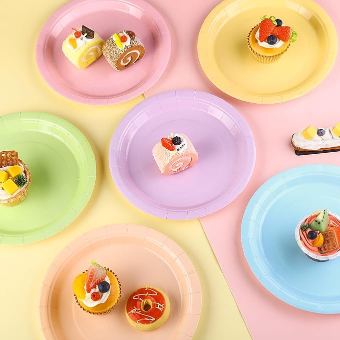 Kochorie 150 Pieces Pastel Rainbow Disposable Paper Plates 9 Inch Heavy Duty Dinner Plates, Solid Color, Table Decorations Party Supplies for Birthdays, Weddings, Daily Use