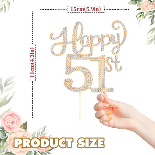 Happy 51st Birthday Decorations,51st Birthday Gold Rhinestone Cake Topper - Cheers to 51 Years Old Bday Party Metal Sparkly Cake Centerpieces Sign.