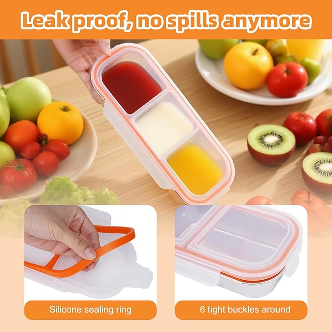 Stainless Steel Snack Containers with Lids, Reusable Condiment Storage Box, Divided Food Storage for School, Home, Travel, Multiple Compartment Leak-Proof Box (‎3 Compartment 3PCS)