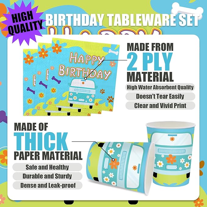 168PCS Mysterious Car Hippie Party Decorations for Kids Cartoon Dog Paw Themd 1st 2nd Birthday Party Supplies Groovy Daisy Favors Tableware with Plates Napkin Cups for 24 Guests
