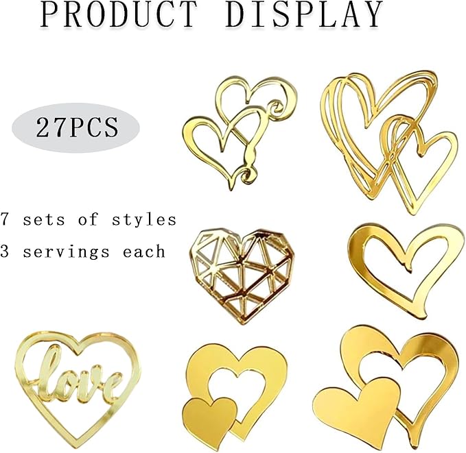 27 Pcs Love Heart Cupcake Toppers Acrylic Cake Topper Minimalist Gold Cake Decorations for Valentine's Day Anniversary Engagement Birthday Wedding Party Supplies