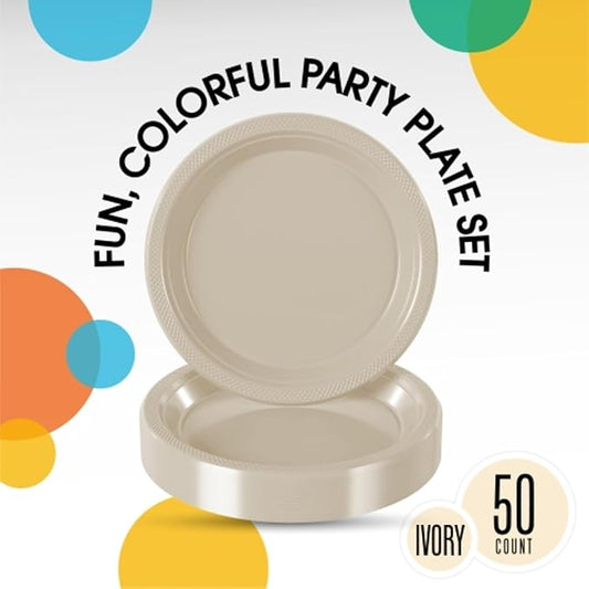 Exquisite Party Solids Ivory Plastic Plates For Party Supplies 9" Ivory Disposable Plates Heavy Duty 50 Pcs Plastic Dinnerware Sets Heavy Duty 350 GSM Disposable Dinnerware Set