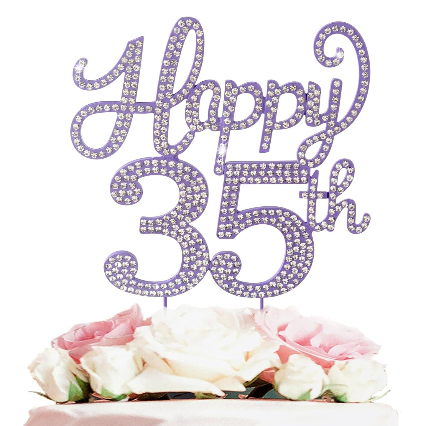 Happy 35th Birthday Purple Rhinestone Cake Topper - 35th Birthday/Anniversary,Cheers to 35 Years Old Bday Party Metal Sparkly Centerpieces Decorations.