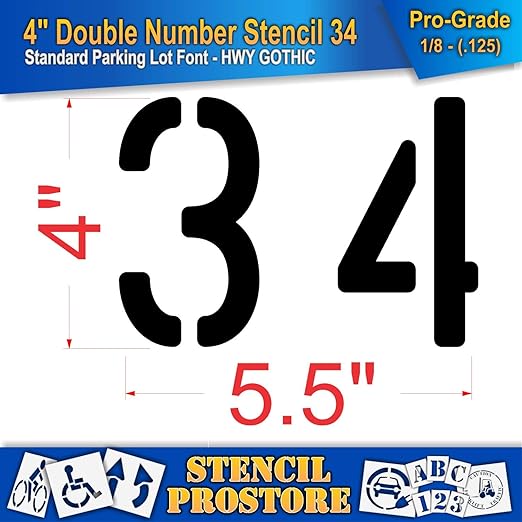 Pavement, Curb, and WheelStop Stencils - 4 inch Double Number Stencil - (34) - 4" x 5.5" x 1/8" (128 mil) - Pro-Grade