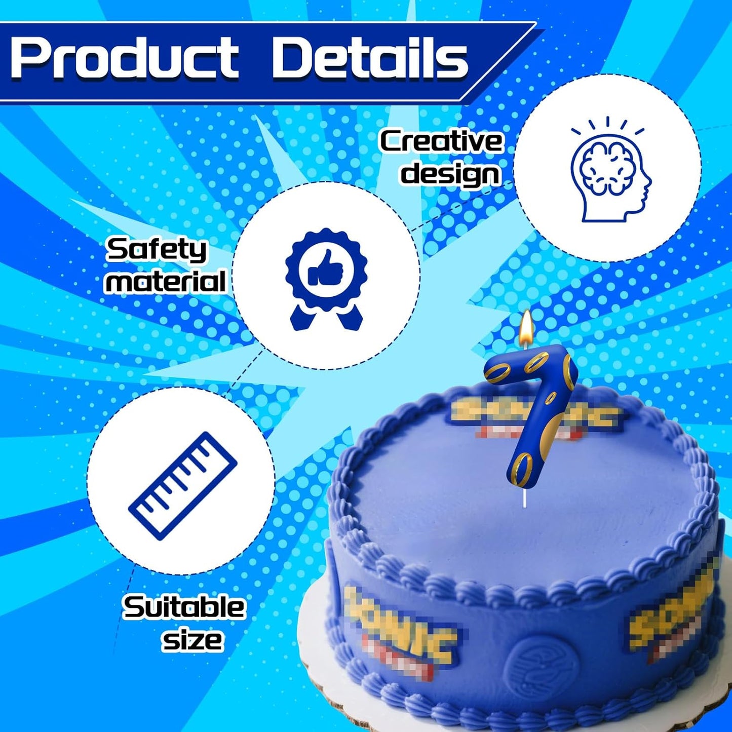 Birthday Cake Candles - Blue and Golden Ring Number Candles with Vibrant Designs for Boys & Girls, Theme Birthday Party Decorations,Cake Toppers for Theme Parties(Number 7)