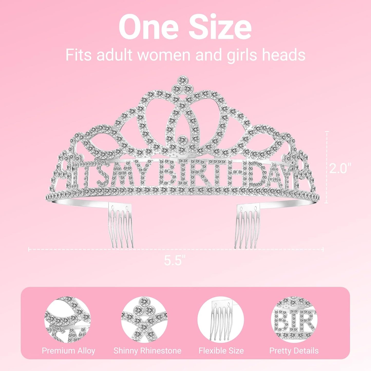 Birthday Tiara and Crown with Sash, Birthday Tiara for Women Party Silver