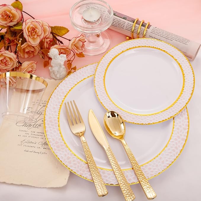 Ciaell 150PCS Pink Plastic Plates – Disposable Pink and Gold Plates Set include 50Plates, 25Forks, 25Knives, 25Spoons, 25Cups for Wedding & Party & Easter