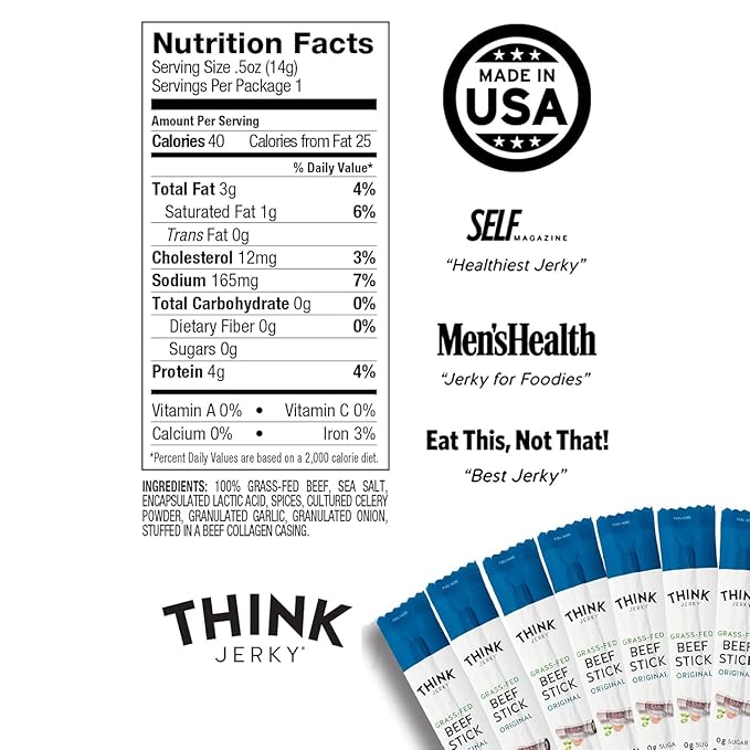 Think Jerky Original Beef Sticks, Gluten and Sugar Free, No Nitrates, Keto Paleo Friendly High Protein Low Carb Meat Snack - 0.5 oz Sticks, 20 Pack