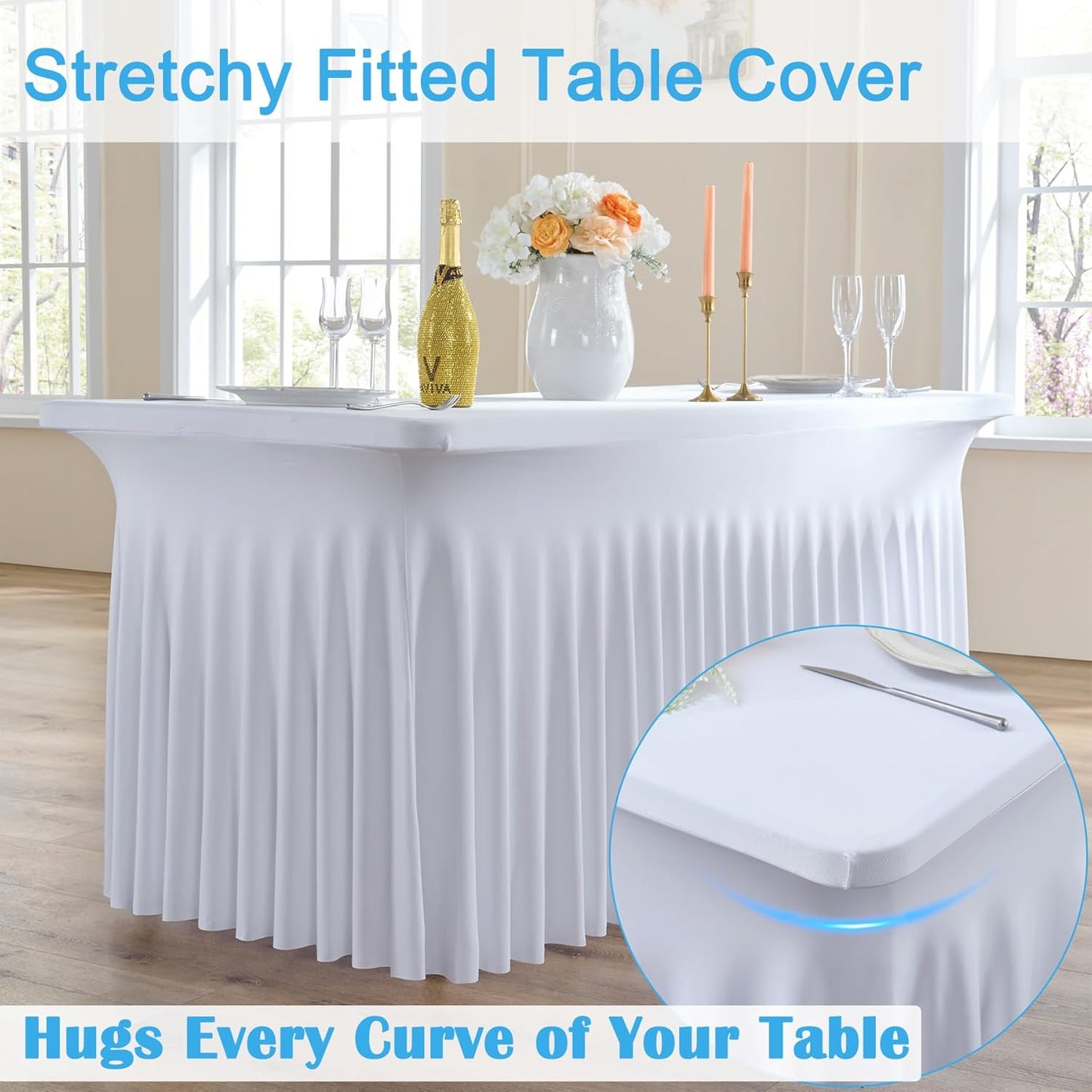 4pk White Spandex Tablecloths 6ft for Rectangle Tables, Wrinkle Free Classy Table Skirt Stretchy Fitted Table Cloths Covers 6 Foot for Weddings Birthday Party Events Banquette Baby Shower