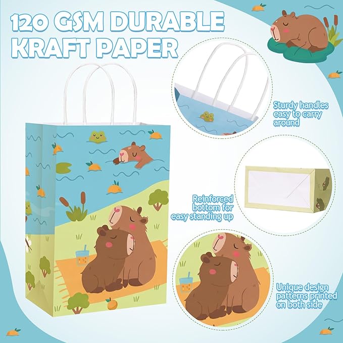 Gaillty 24 Pcs Capybara Gift Bags Paper Capybara Party Favor Bags with Handles Cute Animals Goodie Candy Treat Pouches for Birthday Decorations Baby Shower Party Supplies