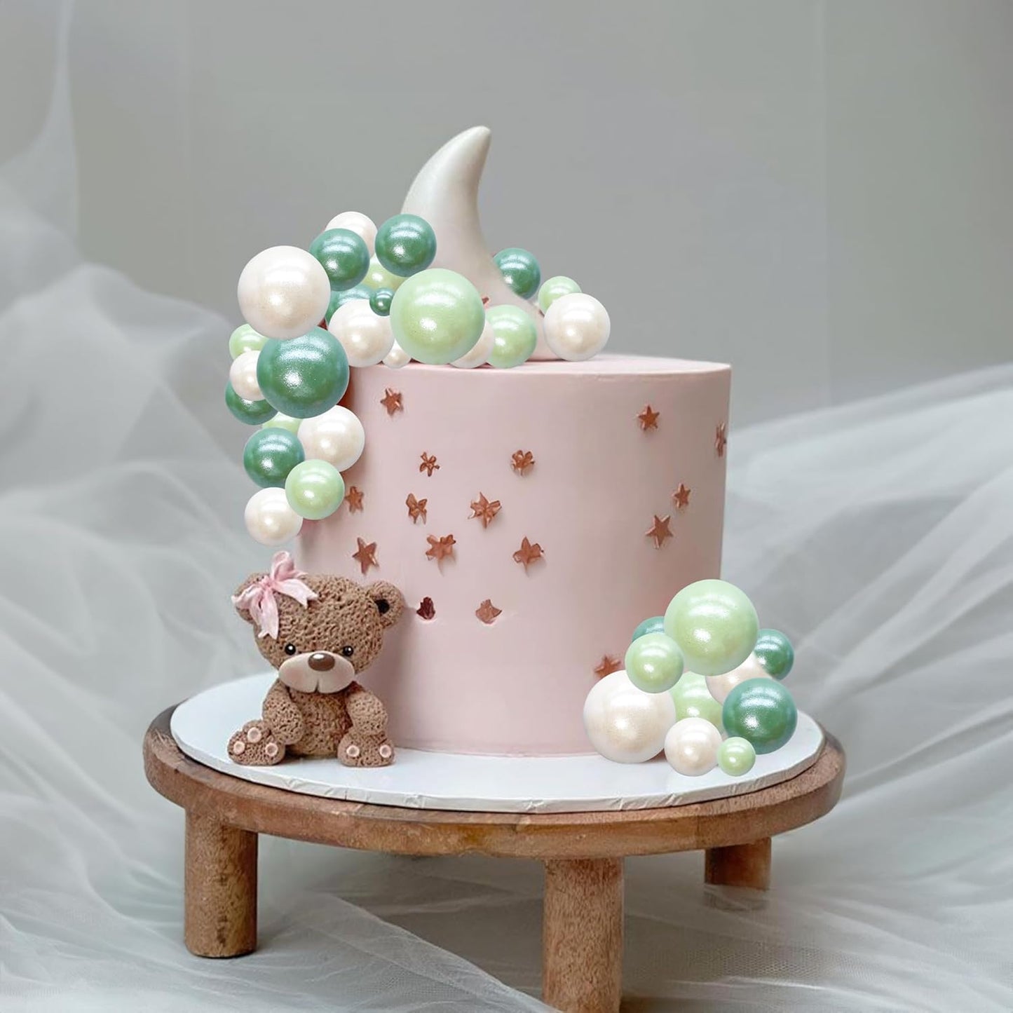 Ephlyn 30Pcs Ball Cake Picks Colorful Ball Shaped Cake Topper Pearl Balls Cupcake Cake Insert Topper for Birthday Party Wedding Decoration Supplies Pearl White Green