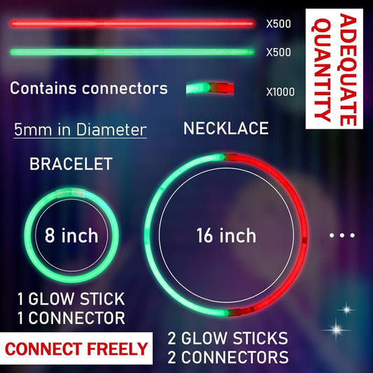 Lenwen 1000 Pcs Christmas Glow Sticks Bulk 8 Inch Glow Bracelets Glowing in the Dark Light up Sticks with Connectors for Neon Birthday Christmas Party Favors Supplies Decorations(Red, Green)