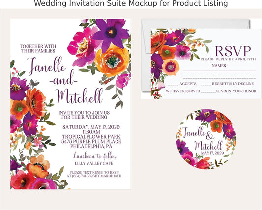 Colorful Wildflower Wedding Invitations, Garden Watercolor Floral, Personalized, Set of 12 Invitations with Envelopes