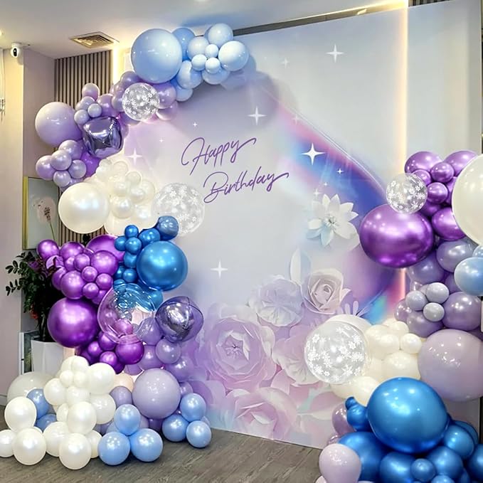 167Pcs Purple Blue Balloons Garland Arch Kit with Snow Confetti Different Sizes 18 12 10 5 inch for Princess Winter Wonderland Girl Baby Shower Birthday Wedding Party Decorations