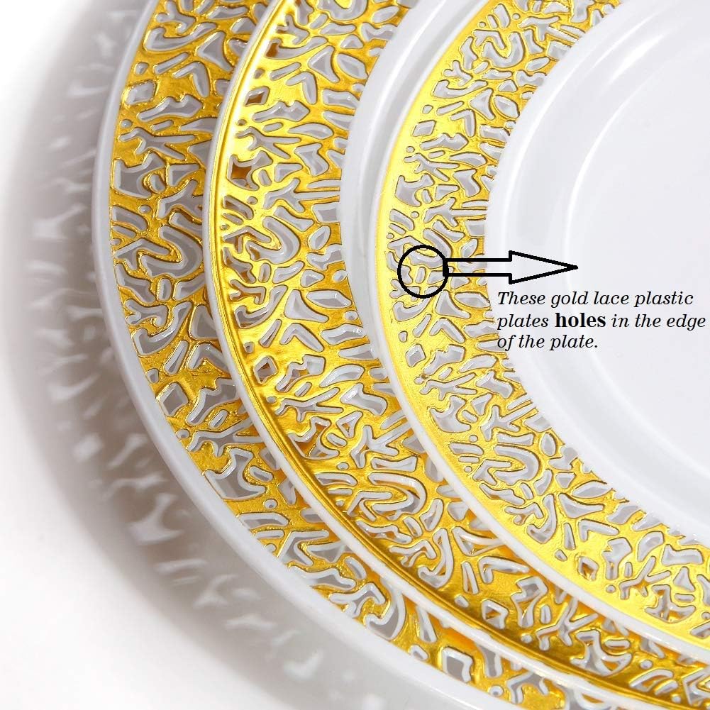 WDF 100pcs Gold Dessert Plates 7.5" with 100 Pieces Disposable Forks 7.4", Lace Design Fancy Appetizer Small Salad and Cake Plates for Thanksgiving Party/Weeding