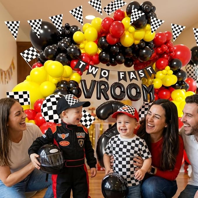 Race Car Balloons Arch Kit - 156Pcs Race Car Balloon Birthday Party Supplies, Banner, VROOM, Number 2 Foil Balloon Garland Kit for Racing Car Theme Two Fast 2nd Boy Birthday Party Decorations