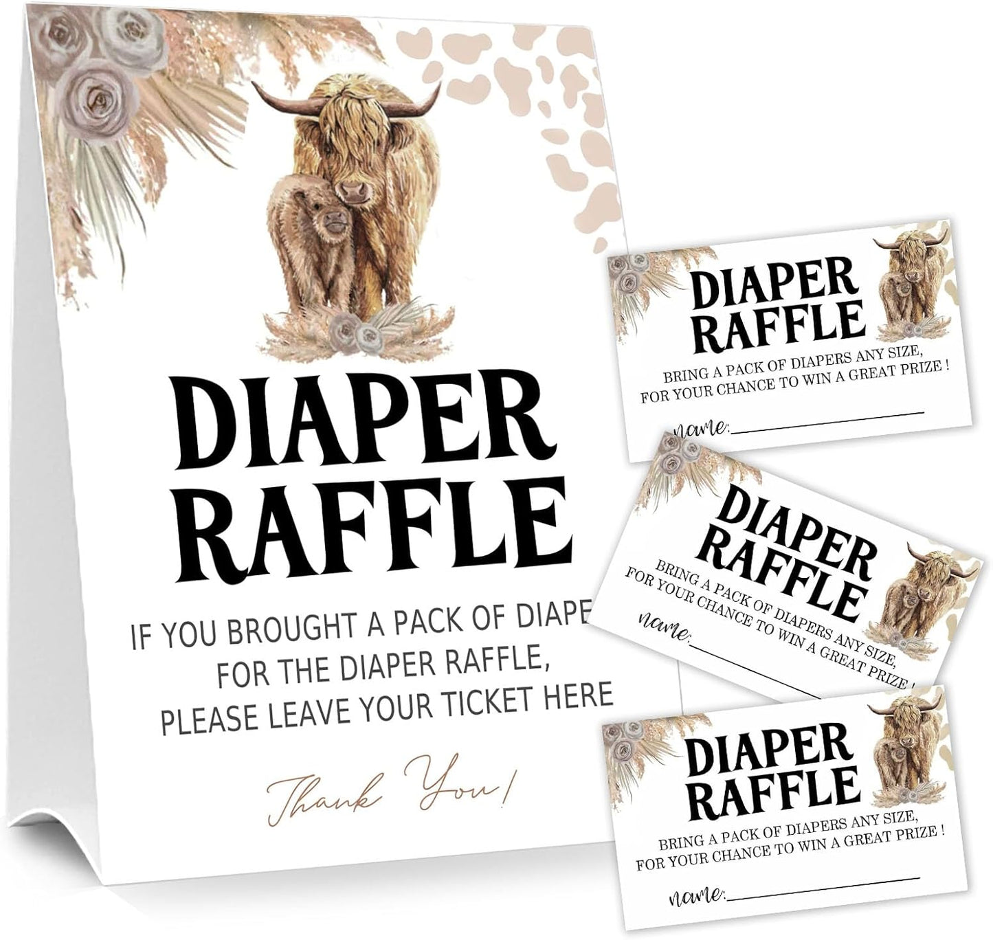 Diaper Raffle Tickets for Baby Shower Game, 1 Standing Sign & 50 Guessing Cards for Baby Shower Party Decoration, Holy Cow, Boho Highland Cow