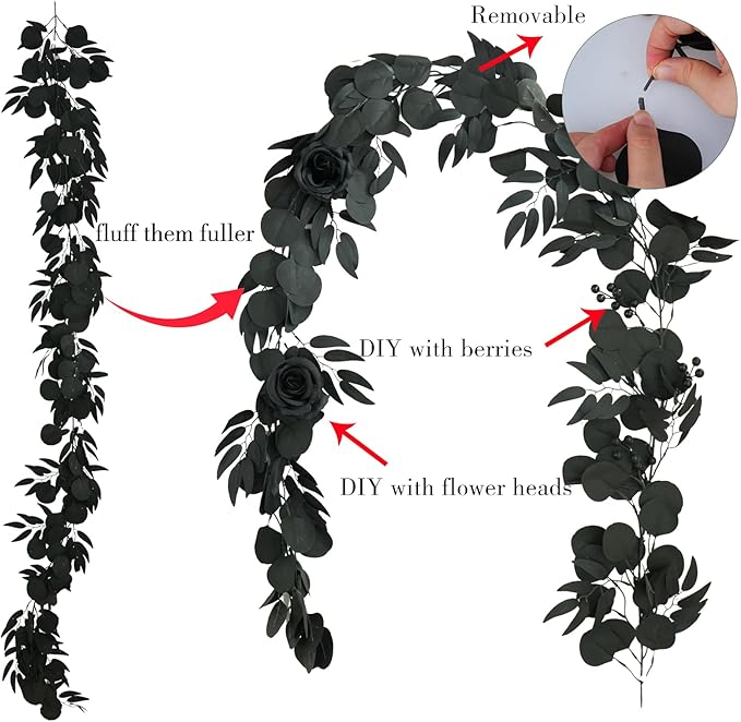 Greentime 1 Pack Eucalyptus Garland 6.5 Feet Artificial Black Leaf Garland for Thanksgiving Day Fireplace Table Runner DIY Wall Decor