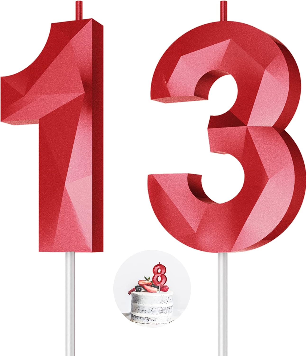 Number Birthday Candles(13 Candle Red) 3D Diamond Shape Number Happy Birthday Cake Candles for Birthday Party Wedding Decoration Reunions Theme Party