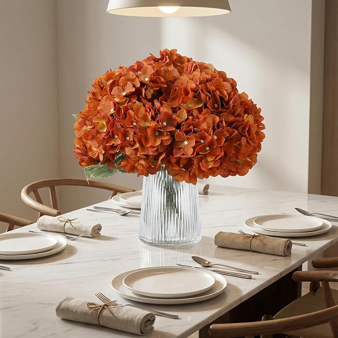 2Bouquets Artificial Fake Flowers Plants Silk Hydrangea Arrangements Wedding Bouquets Decorations Plastic Floral Home Kitchen Garden Party Festival Bar DIY (Orange,5 Flower Heads)