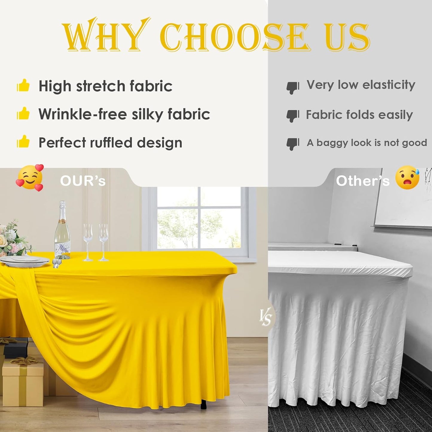 6pk Yellow Spandex Tablecloths 6ft for Rectangle Tables, Wrinkle Free Classy Table Skirt Stretchy Fitted Table Cloths Covers 6 Foot for Weddings Birthday Party Events Banquette Baby Shower