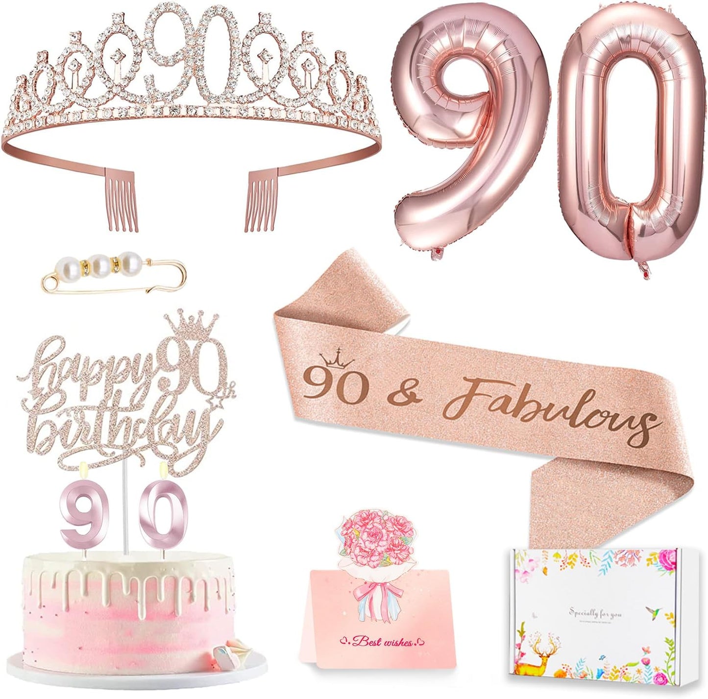 90th Birthday Decorations Gifts for Women, Including 90 year old Birthday Cake Topper, Queen Sash with Pearl Pin, Sweet Rhinestone Tiara Crown, Number Candles and Balloons Set, Rose Gold
