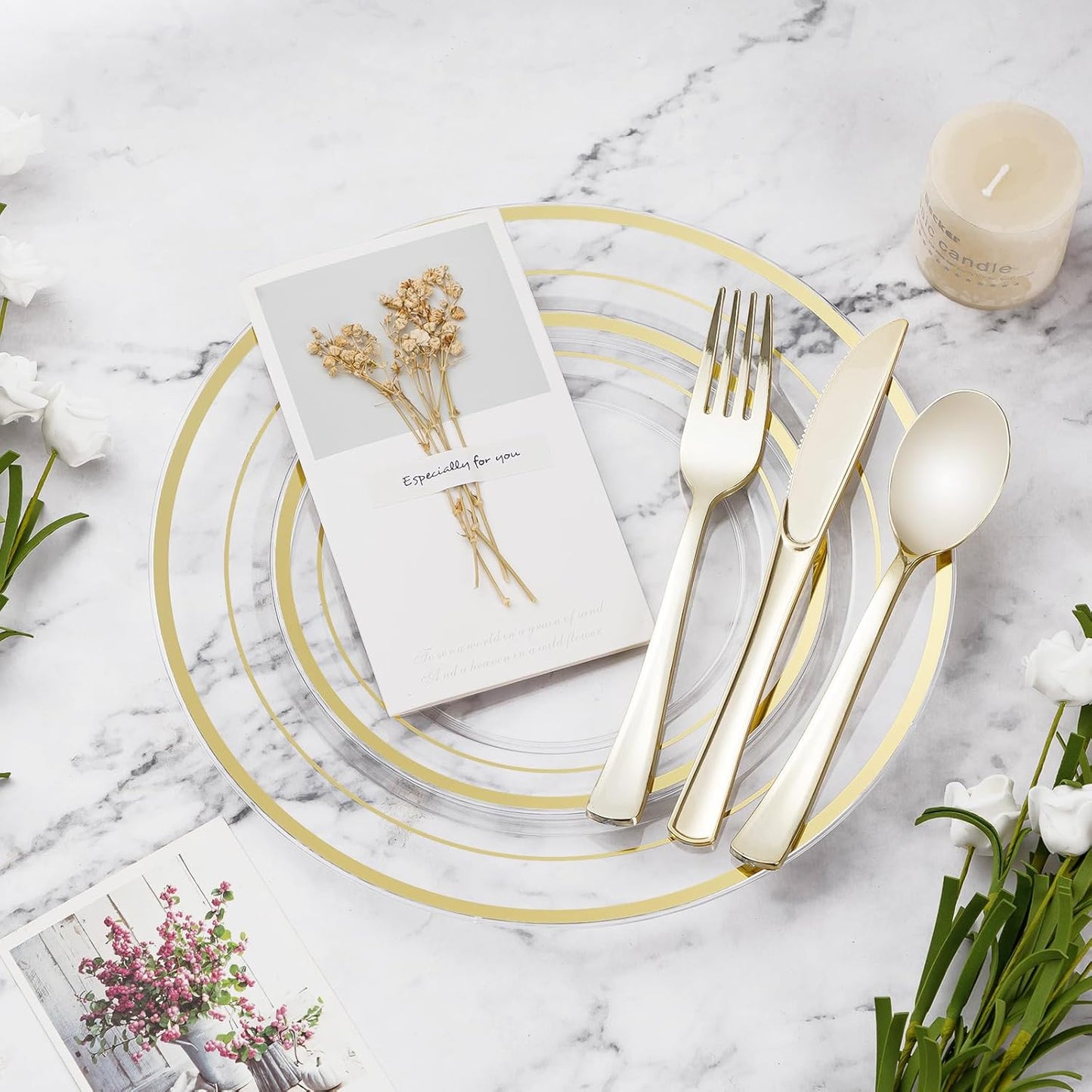 BESTVIP 300PCS Clear Gold Plastic Plate Set (50 Guests), Disposable Dinnerware Set for Party, Wedding, Birthday - 100 Plates, 100 Forks, 50 Spoons, 50 Knives for Christmas, Thanksgiving