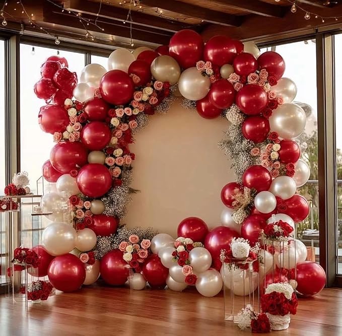 Red White Balloon Garland Dark Red Double Stuffed Balloons Arch Kit Set For Birthday Mothers Day Valentine Engagement Anniversary Bridal Shower Party Decorations