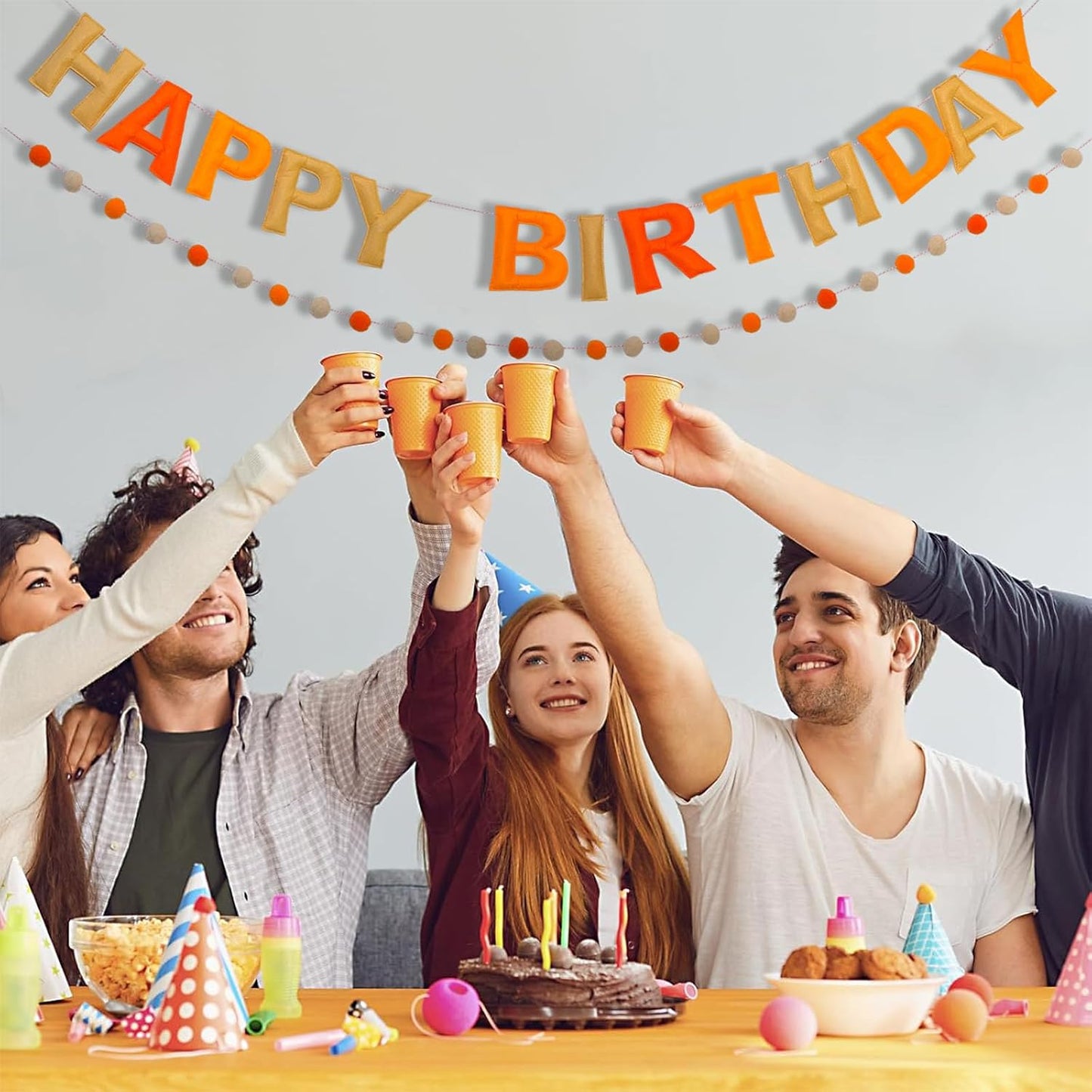 Happy Birthday Banner Felt Ball Garland Pre-Strung Happy Birthday Sign for Party Backdrop Decorations Photo Prop