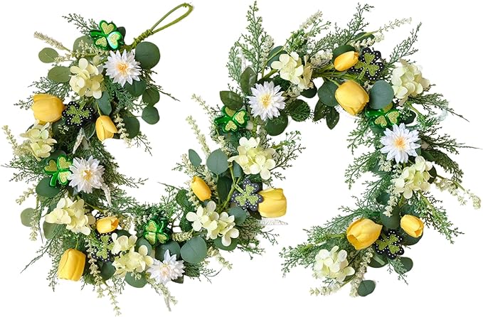 TEMPUS 6Ft Spring Artificial Eucalyptus Garland with Tulip, Hydrangea & Shamrock - St. Patrick's Day and Spring Decor Greenery for Mantle Table Centerpiece Wedding Baby Shower Party