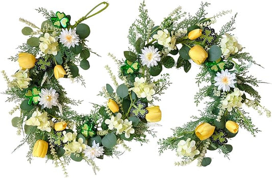 TEMPUS 6Ft Spring Artificial Eucalyptus Garland with Tulip, Hydrangea & Shamrock - St. Patrick's Day and Spring Decor Greenery for Mantle Table Centerpiece Wedding Baby Shower Party