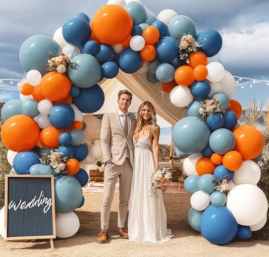 Dusty Blue Orange Balloon Arch, Double Stuffed Burnt Orange Blue White Balloon Garland Kit Dark Teal Latex Balloons for Birthday Baby Shower Bridal Shower Wedding Boho Gender Reveal Party Decor