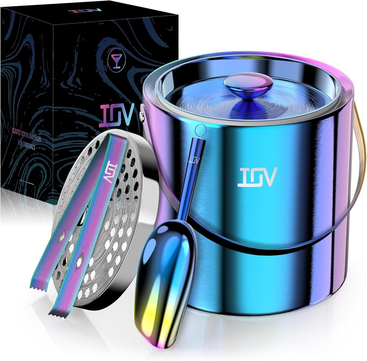 IOV Ice Bucket with Lid, Scoop, Tongs, and Strainer, 3 L Stainless Steel Double Wall Insulated Ice Bucket for Parties, Keeps Ice Frozen Longer, Ideal for Cocktail Bars, Freezers, and Wine - Rainbow
