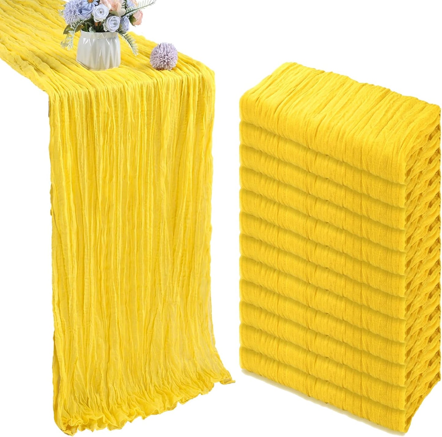 12 Pack 10FT Lemon Yellow Cheesecloth Table Runner 35x120 Inch Gauze Rustic Boho Table Runner Cheese Cloth for Wedding Decor Birthday Party Bridal Baby Shower Table Centerpiece Decoration