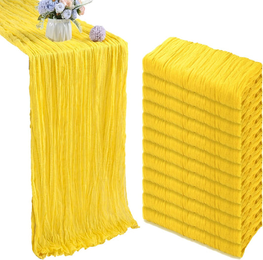 12 Pack 10FT Lemon Yellow Cheesecloth Table Runner 35x120 Inch Gauze Rustic Boho Table Runner Cheese Cloth for Wedding Decor Birthday Party Bridal Baby Shower Table Centerpiece Decoration