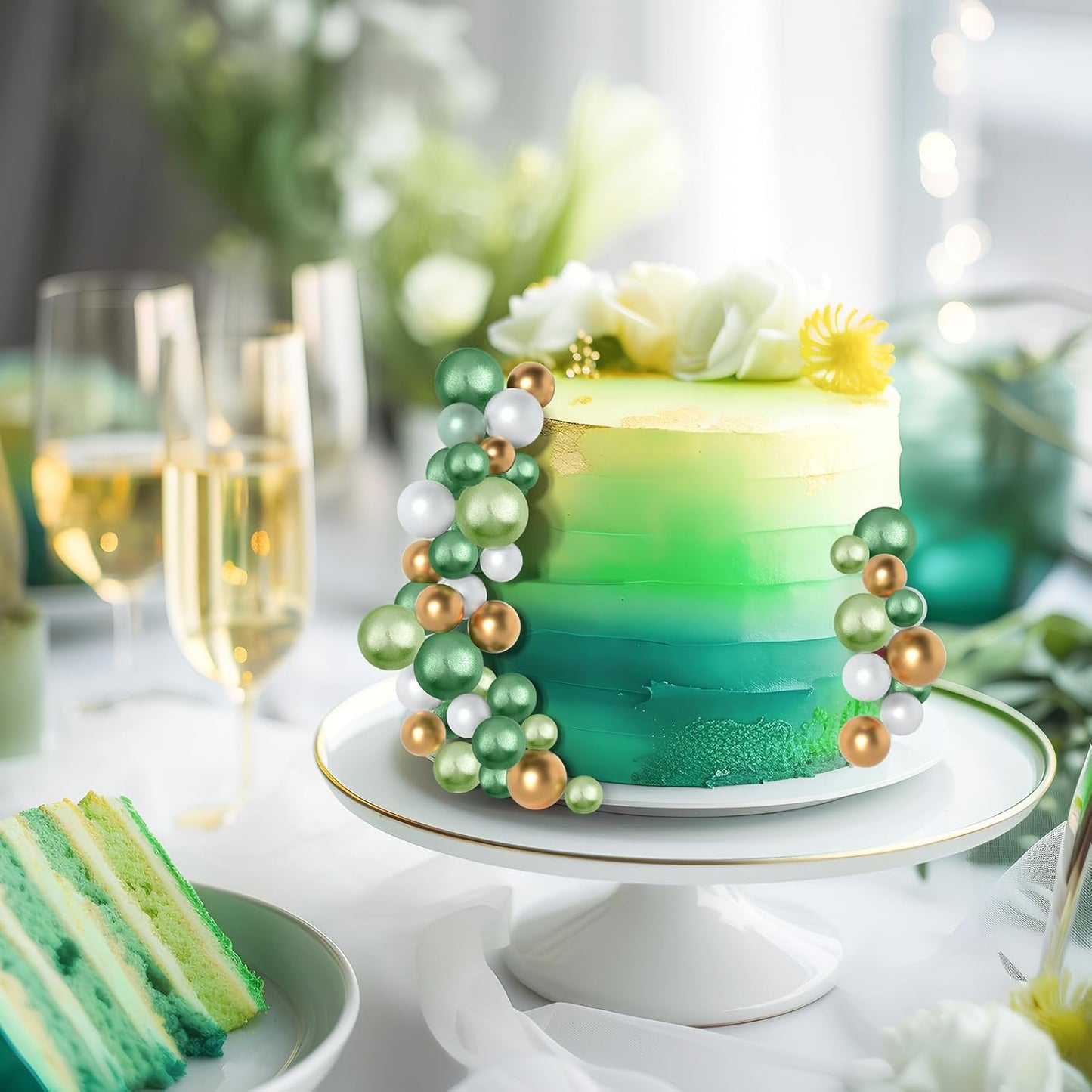 138 Pcs Balls Cake Topper Decorations Balloon Cupcake Toppers Foam Multisize Cake Topper Balls for Birthday Party Wedding Anniversary(Assorted Green,White,Gold)