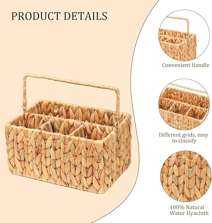 Hand-Woven Wicker Flatware Organizer - Water Hyacinth Cutlery Holder for Countertop with Handle,Utensil Holder for Table, Kitchen (Natural Water Hyacinth)