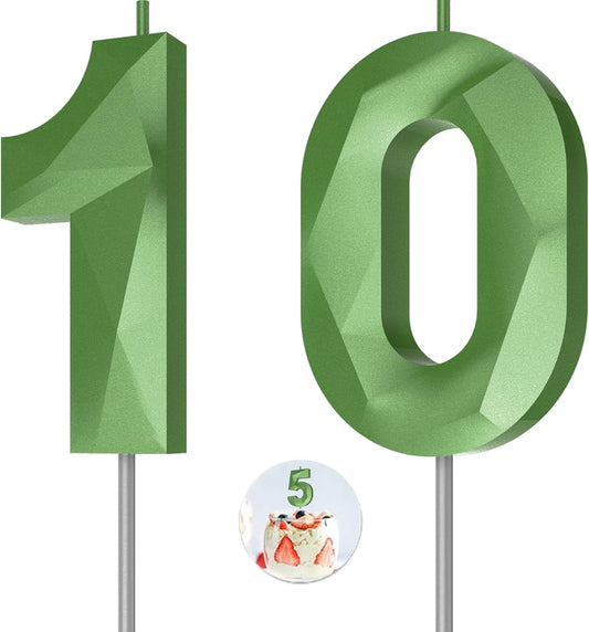 Number Birthday Candles(10 Candle Green) 3D Diamond Shape Number Happy Birthday Cake Candles for Birthday Party Wedding Decoration Reunions Theme Party