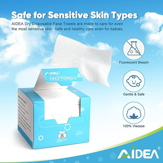 AIDEA Face Towels Disposable-50Ct, Facial Cleansing Wipes for Sensitive Skin, Facial Towelettes for Makeup Removing, Nursing, Travel, Dry Wipes Face Cloths