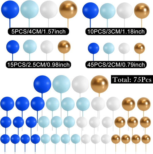 75 Pieces Cake Balls Topper Decorations Foam Cupcake Topper Mini Balloon Cake Topper Balls Cake Picks for Cake Deco Birthday Party Wedding（Dark Blue,Blue, Gold, White）