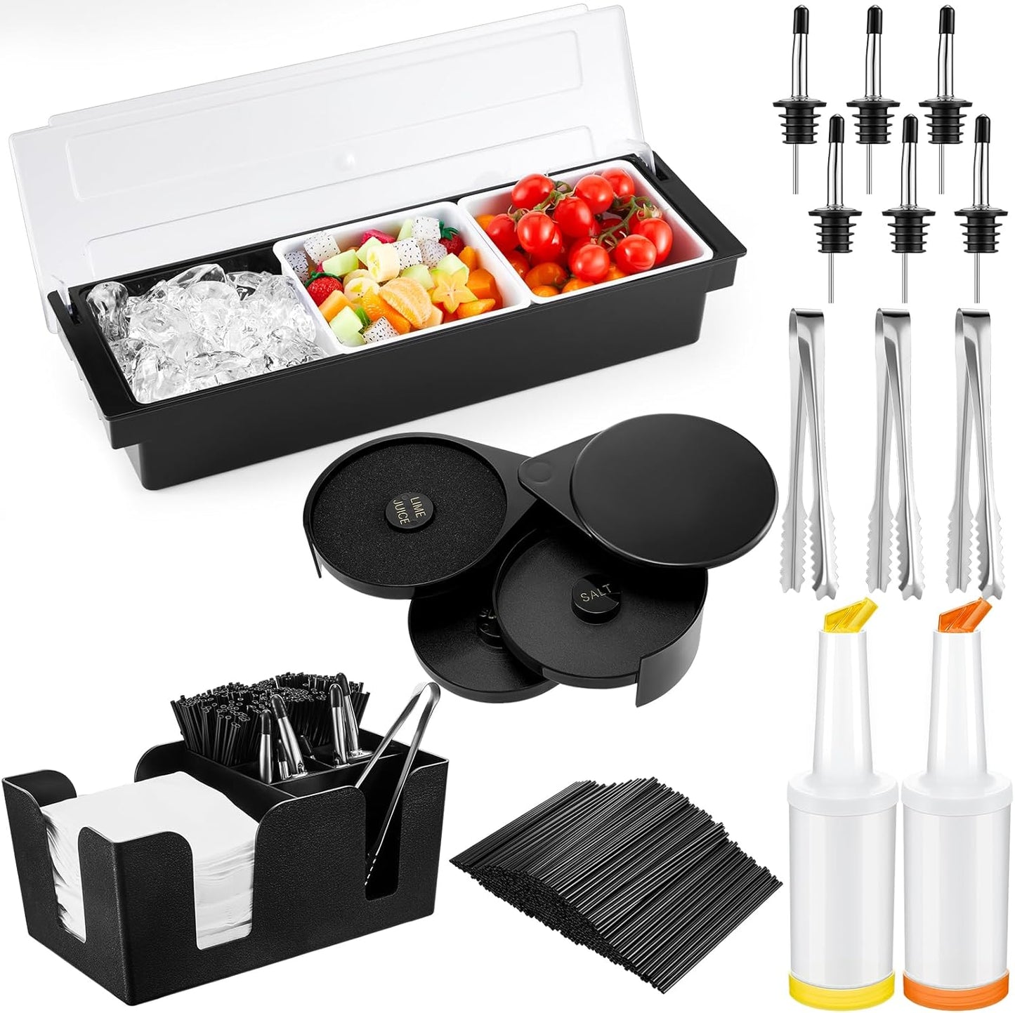 Mifoci Garnish Tray with Lid Bar Caddy 3 Tier Glass Rimmer 12 Stainless Steel Bottle Pourers 2 Plastic Juice Pour Bottles 1000 Count Cocktail Straws 3 Serving Tongs(3 Compartments,Plastic)