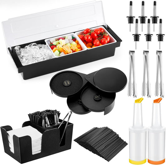 Mifoci Garnish Tray with Lid Bar Caddy 3 Tier Glass Rimmer 12 Stainless Steel Bottle Pourers 2 Plastic Juice Pour Bottles 1000 Count Cocktail Straws 3 Serving Tongs(3 Compartments,Plastic)