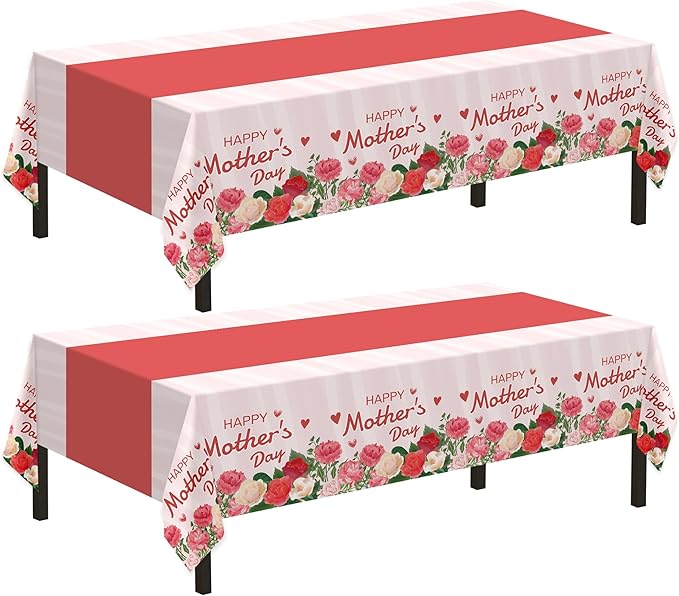 Childom 2 Pack Mothers Day Tablecloth,Mother's Day Party Decorations,54" x 108" Plastic Disposable Tablecloths for Rectangle,Plastic Table Covers for Mom Birthday Party Supplies Holiday Buffet Table